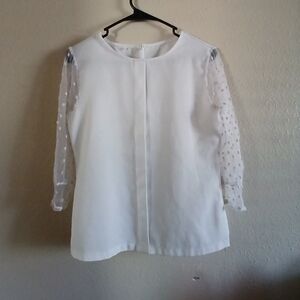SHEIN White Blouse with Sheer Polka Dot Sleeves